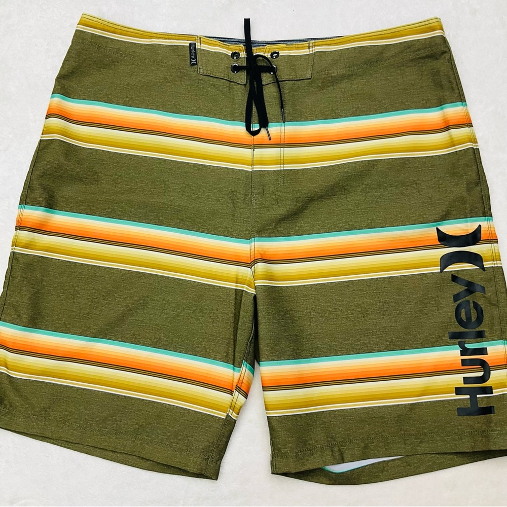 HURLEY Men's 34 Striped Board Shorts Swim Trunks Olive Green Orange Yellow Blue